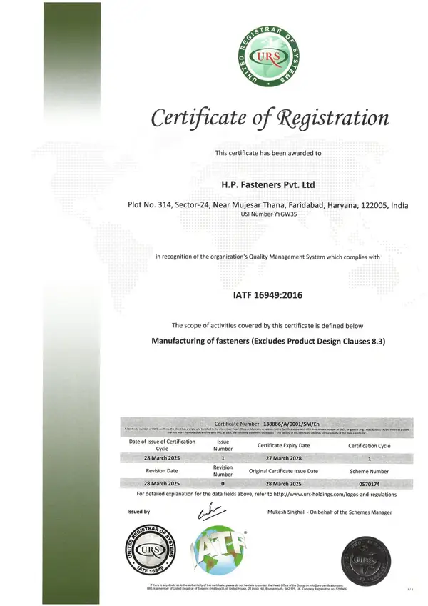 IATF 16949:2016 certificate — H.P. Fasteners Pvt. Ltd.