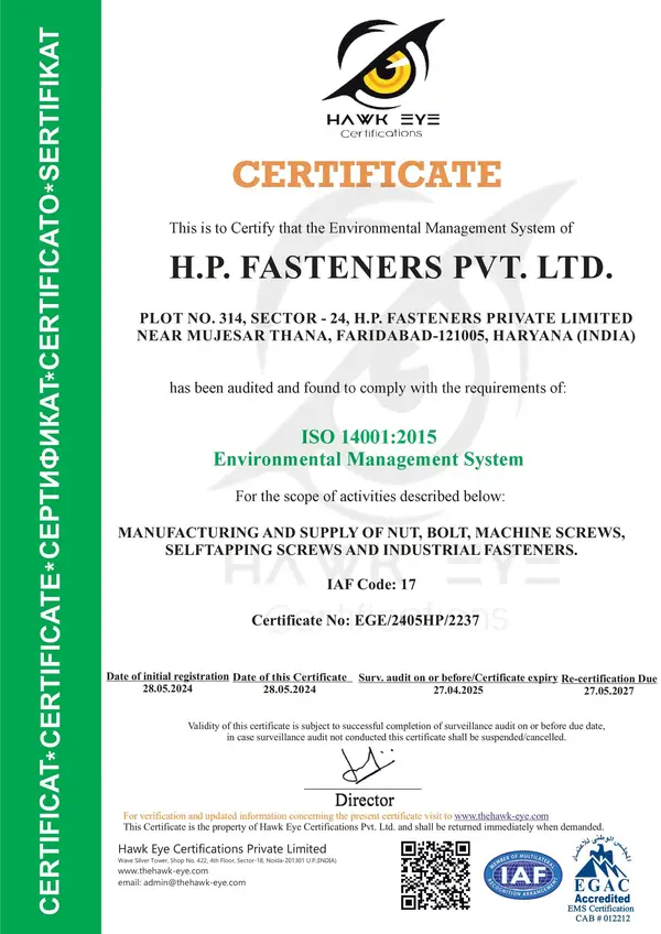 ISO 14001:2015 certificate — H.P. Fasteners Pvt. Ltd.